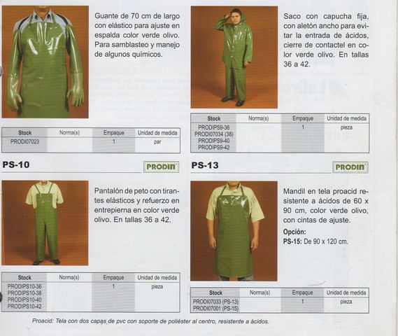 MANDIL EN TELA PROACID RESITENTE A ACIDOS 60X90 cm, COLOR VERDE OLIVO. CON CINTAS DE AJUSTE, Guantes de 70 cm. DE LARGO PARA AJUSTE EN ESPALDA. SACO CON CAPUCHA FIJA CON ALETON ANCHO PARA EVITAR LA ENTRADA DE ACIDOS. CIERRE DE CONTACTEL