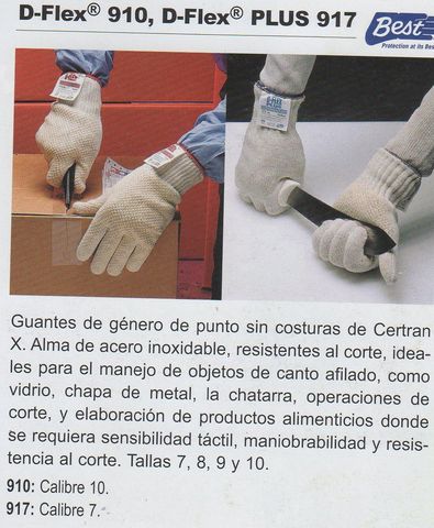 GUANTE D-FLEX 910 D-FLEX PLUS-917 DE GENERO SIN COSTURAS DE CENTRAM X. ALMA DE ACERO INOXIDABLE, RESISTENTES AL CORTE. 