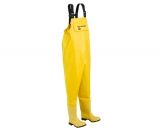 Pantalón con pechera confeccionado en PVC modificado, 100% impermeable y resistente a una amplia gama de elementos químicos, característica propia del PVC modificado, doble faz, extra liso, con soporte de malla en el interior. Tirantes elasticados y re